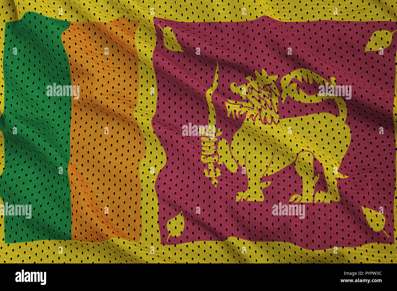 Sri Lanka flag printed on a polyester nylon sportswear mesh fabric with some folds Stock Photo