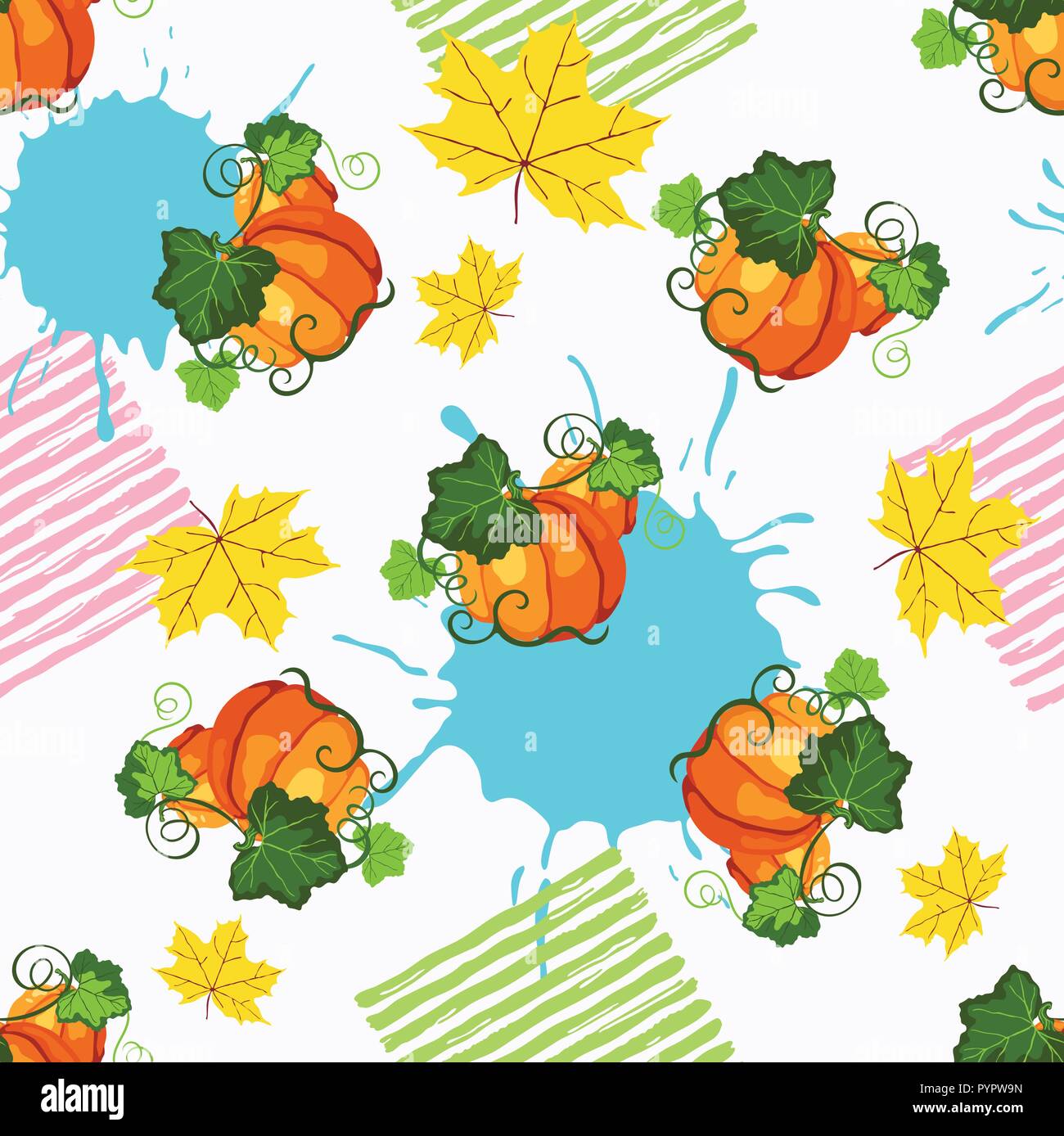 Seamless pattern witn orange ripe pumpkin, paint splash and yellow fall leaves on the white background Stock Vector