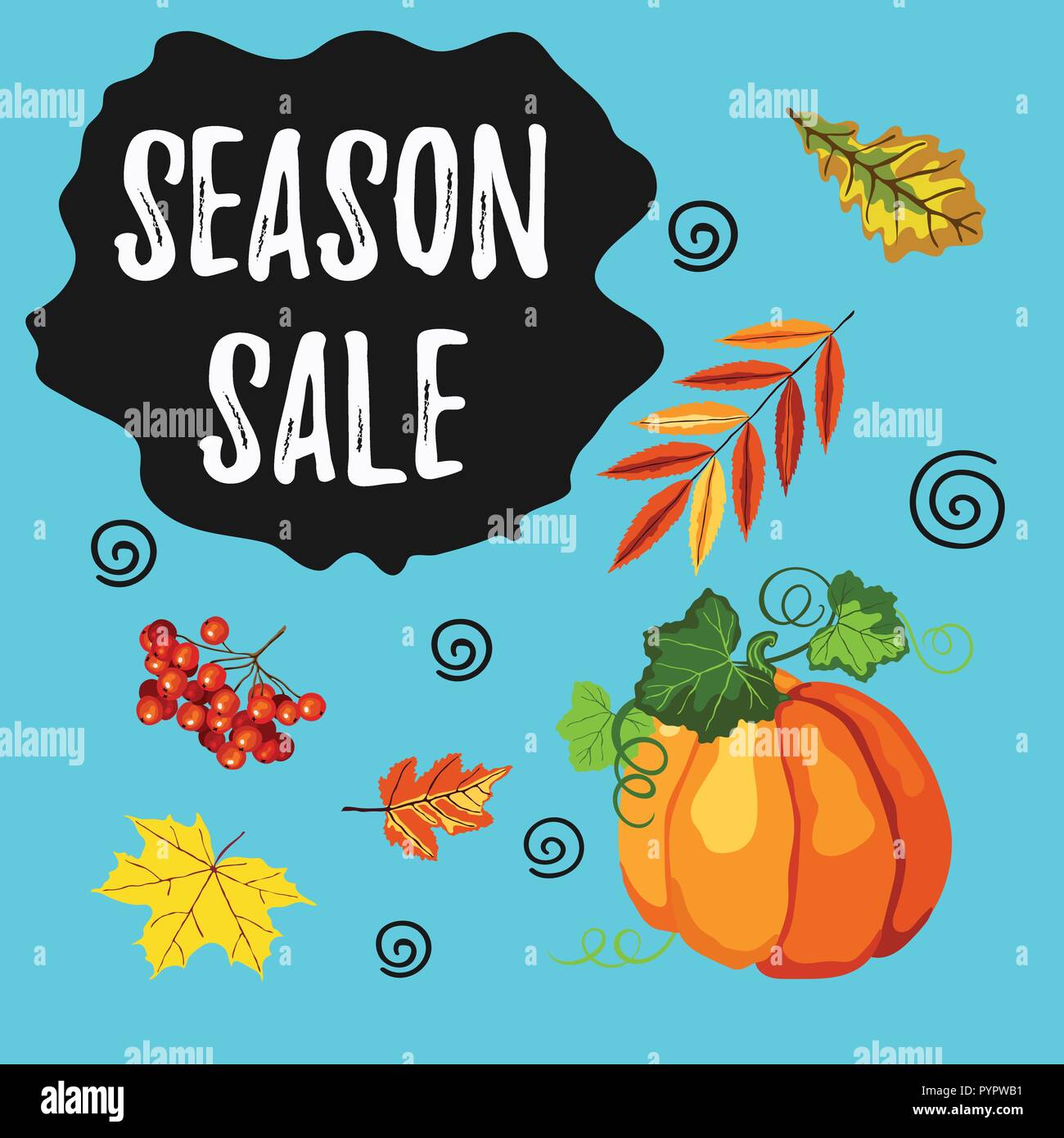 Season sale banner vector design with fall leaves, pumpkin and rowan berries on the blue background Stock Vector