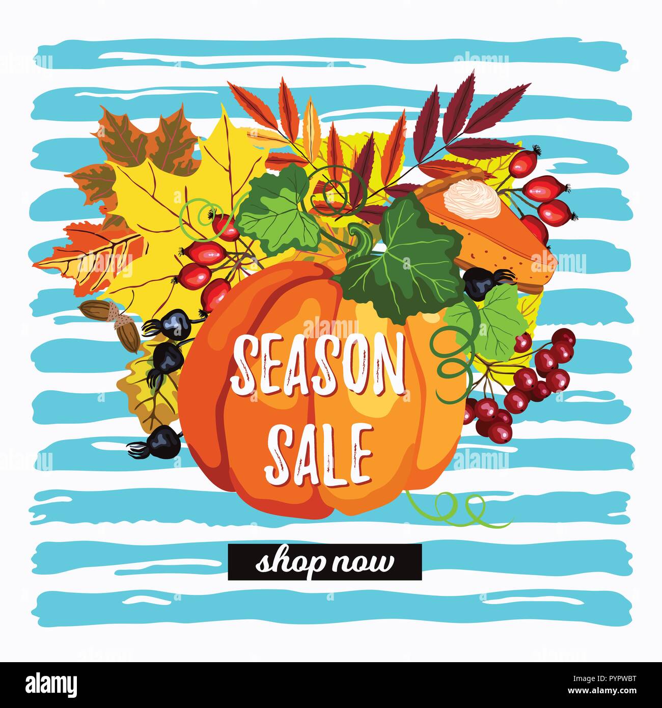 Season sale sticker design. Vector autumn wreath with fall leaves, pumpkin and berries on the blue striped background Stock Vector