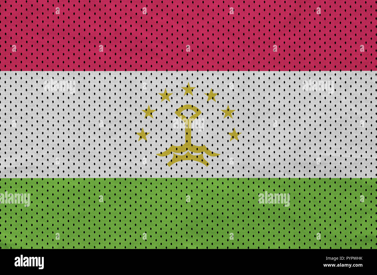 Tajikistan flag printed on a polyester nylon sportswear mesh fabric with some folds Stock Photo