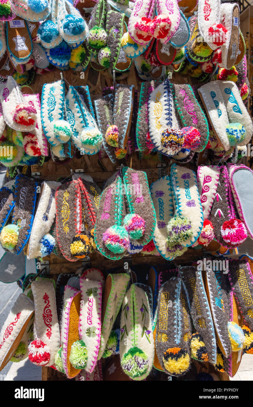 Greek traditional woollen slippers for sale, Avgoustou 17 Street, Heraklion (Irakleio), Irakleio Region, Crete (Kriti), Greece Stock Photo