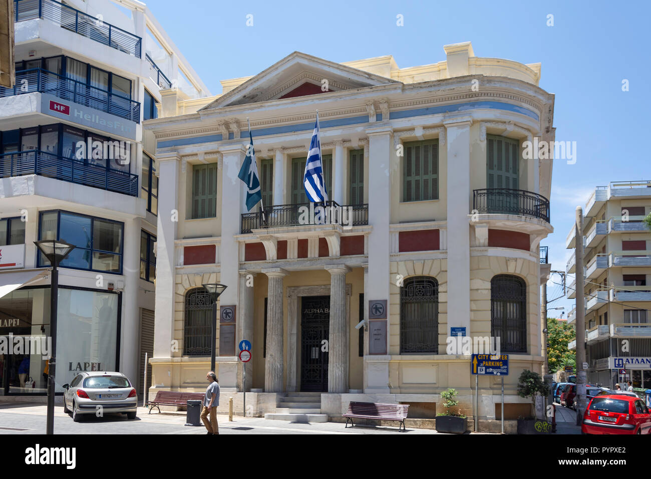 Alpha Bank, 25th Avgoustou Street, Heraklion (Irakleio), Irakleio Region, Crete (Kriti), Greece Stock Photo