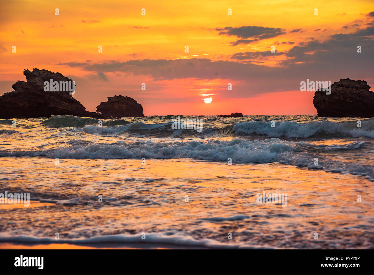Spectacular sunset seen from the beach in Biarritz, France Stock Photo
