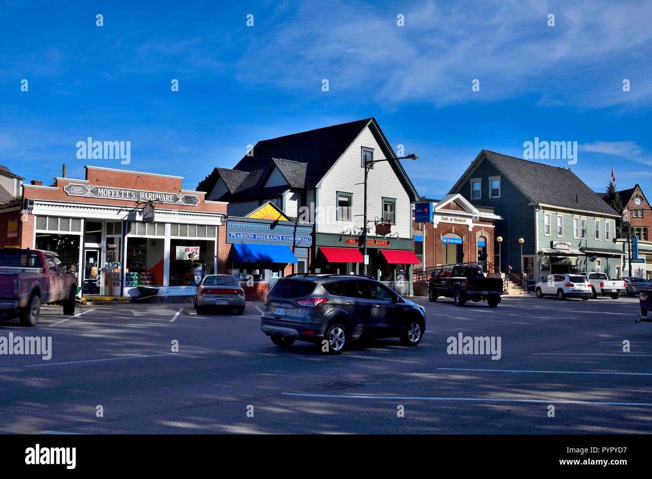 A horizontal image of the stores and shops along the busy Broad Street in the Dairy Town of Sussex New Brunswick Canada Stock Photo