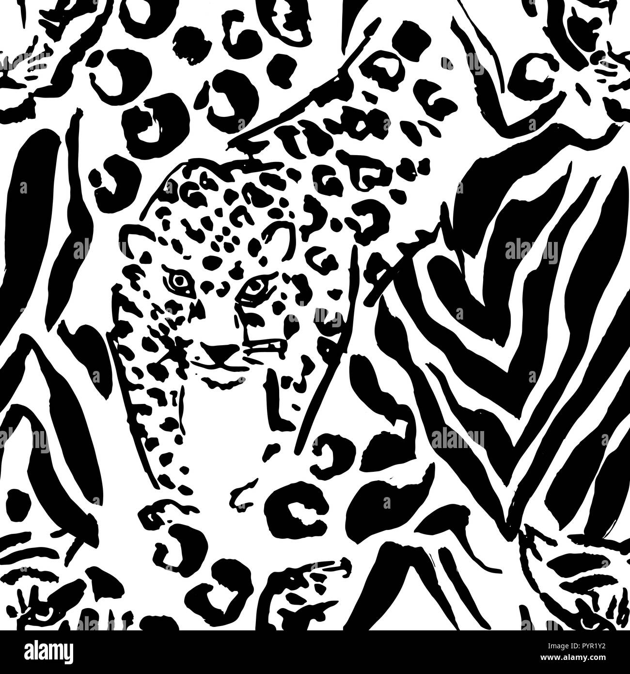 Vector illustration leopard print seamless pattern. Black and white tiger hand drawn background. Vector illustration. Stock Vector