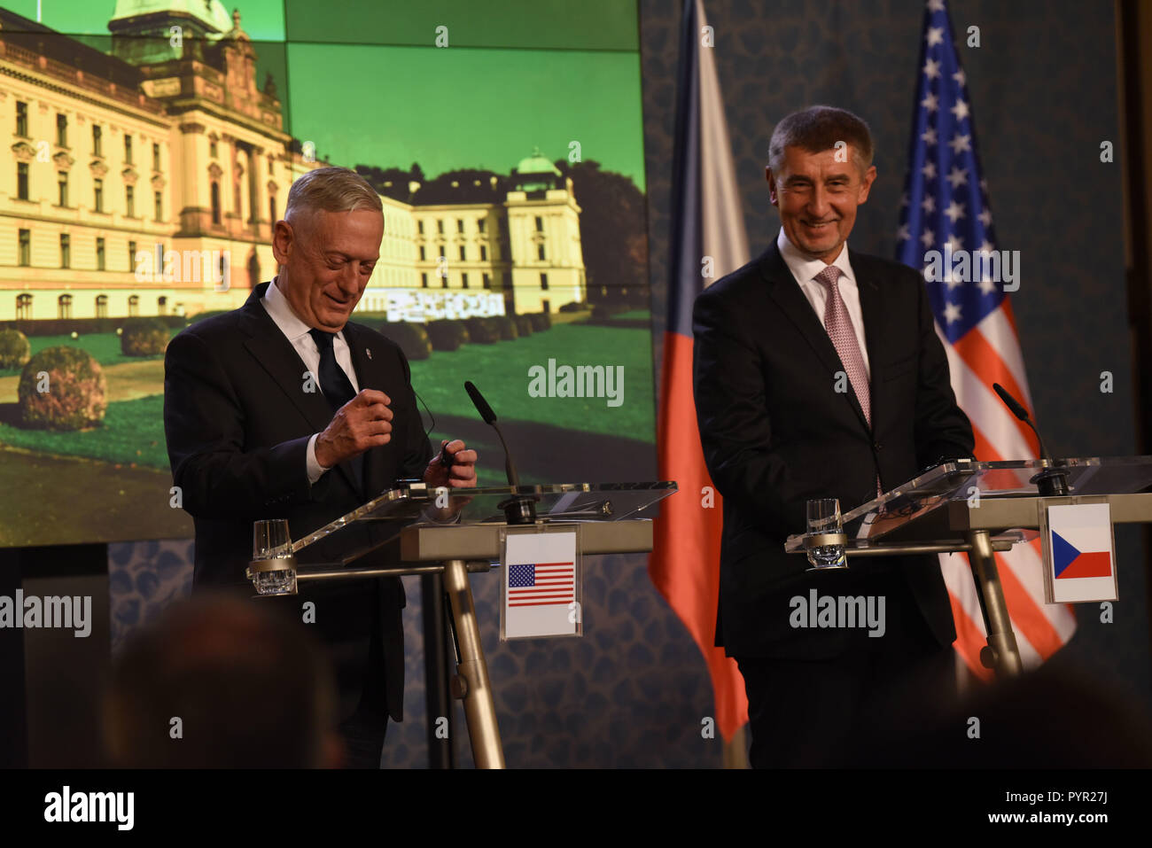 U.S. Secretary of Defense James N. Mattis and Czech Prime Minister Andrej Babis hold a joint press conference at the prime minister’s office in Prague, Czech Republic, Oct. 28, 2018. (DOD photo by Lisa Ferdinando) Stock Photo