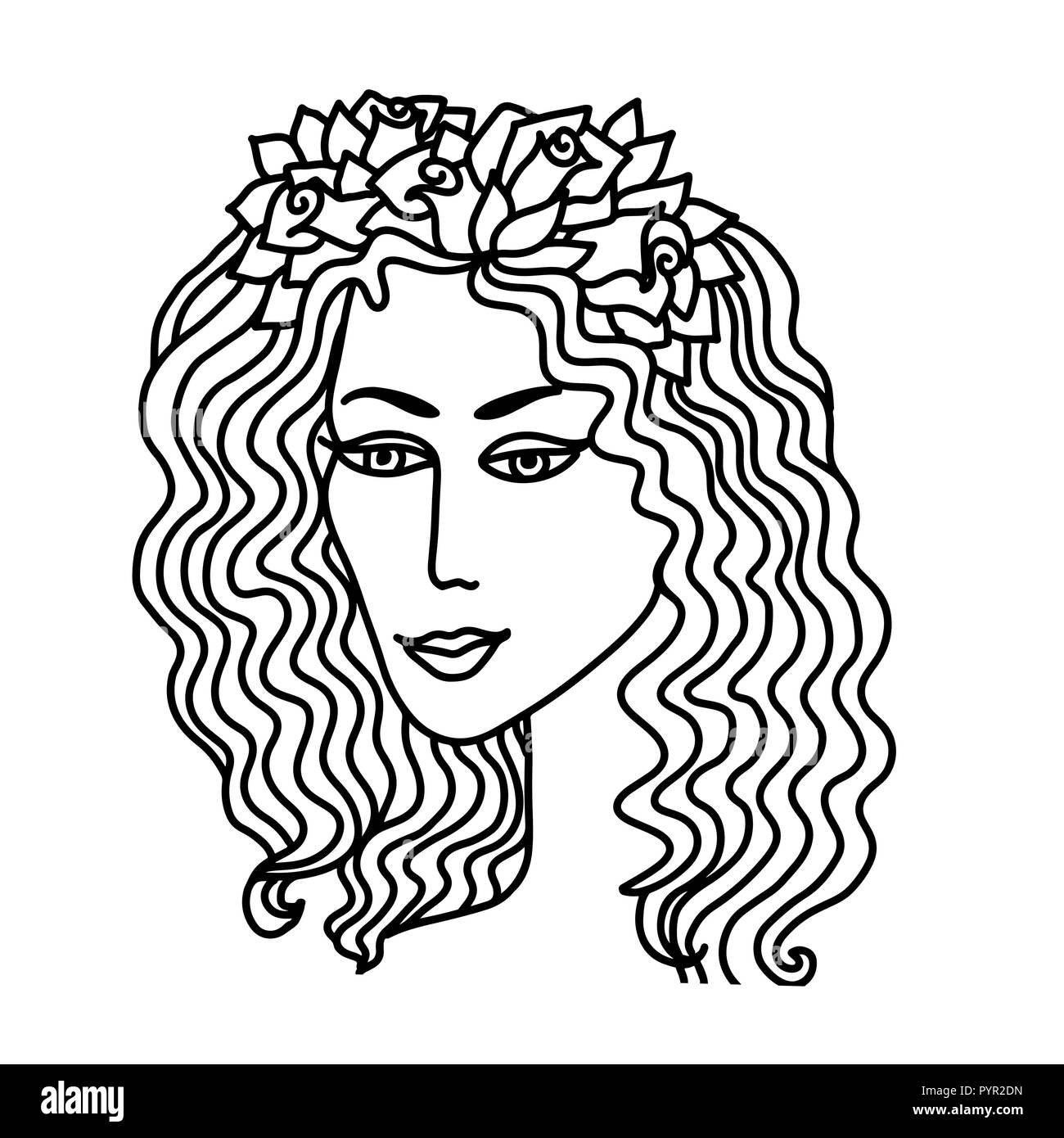 Cute girl with floral wreath. Vector illustration. Boho style. Adult coloring book. Stock Vector