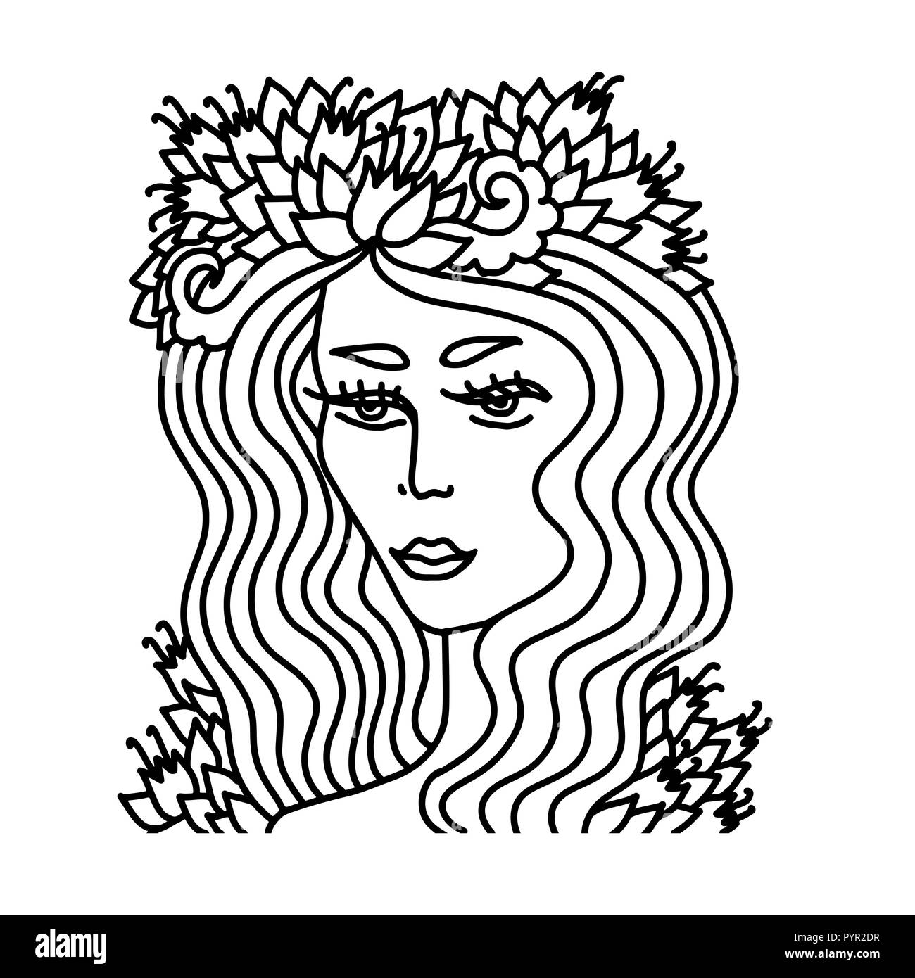 Cute girl with floral wreath. Vector illustration. Boho style. Adult coloring book. Stock Vector