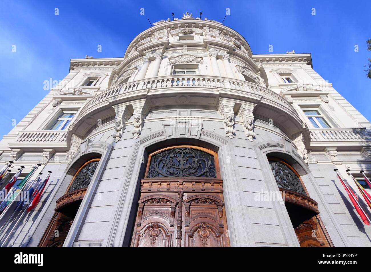 Madrid, Spain. Facade of Casa de la America, cultural institution promoting cooperation with Latin America. Stock Photo