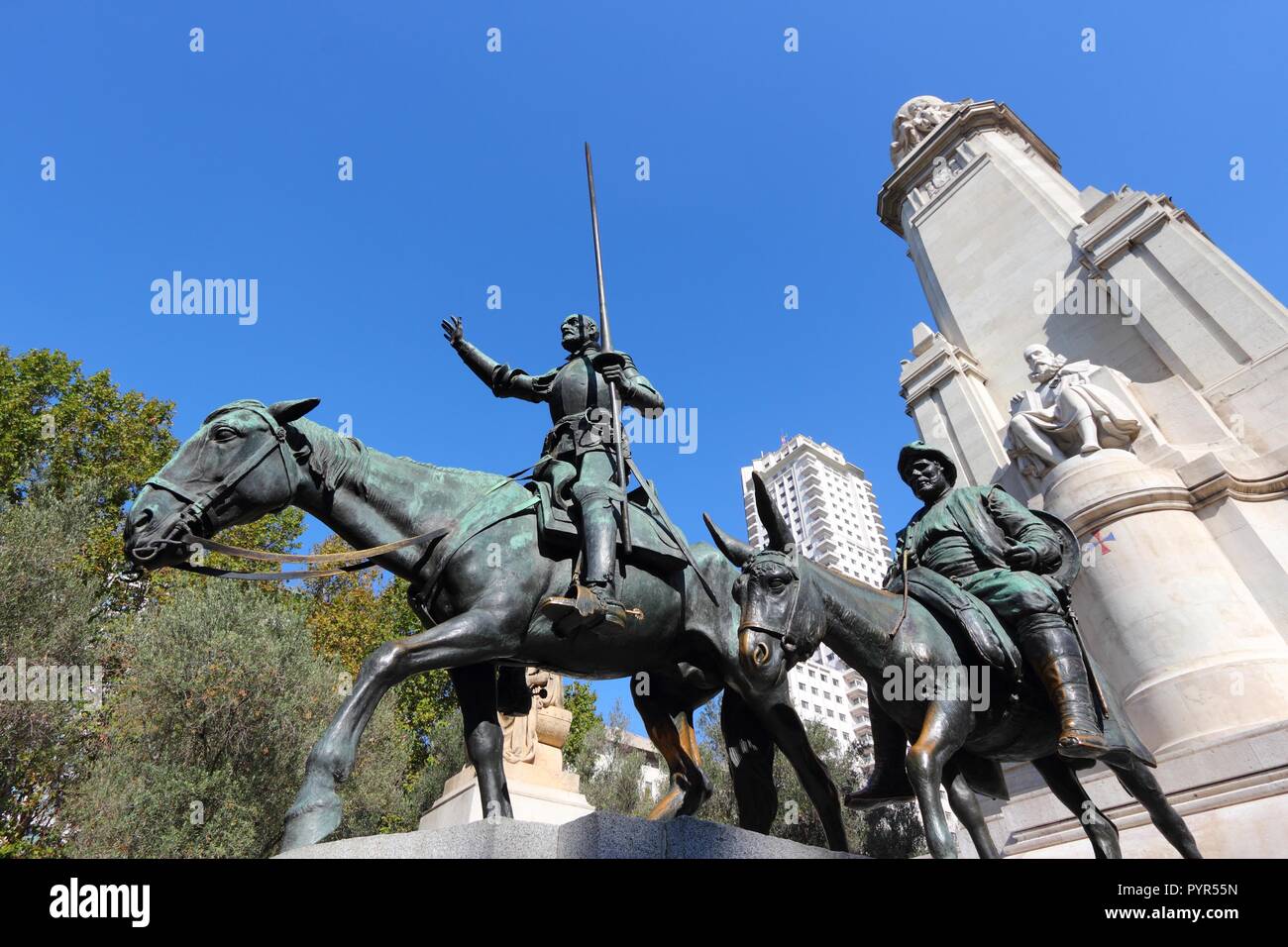 MADRID - OCTOBER 22: Don Quixote and Sancho Panza statue on October 22, 2012 in Madrid. The Cervantes monument was created by Lorenzo Coullaut Valera  Stock Photo