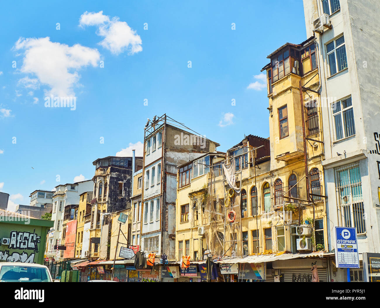 Typical buildings of the Fermeneciler street, Karakoy district. Istanbul, Turkey. Stock Photo