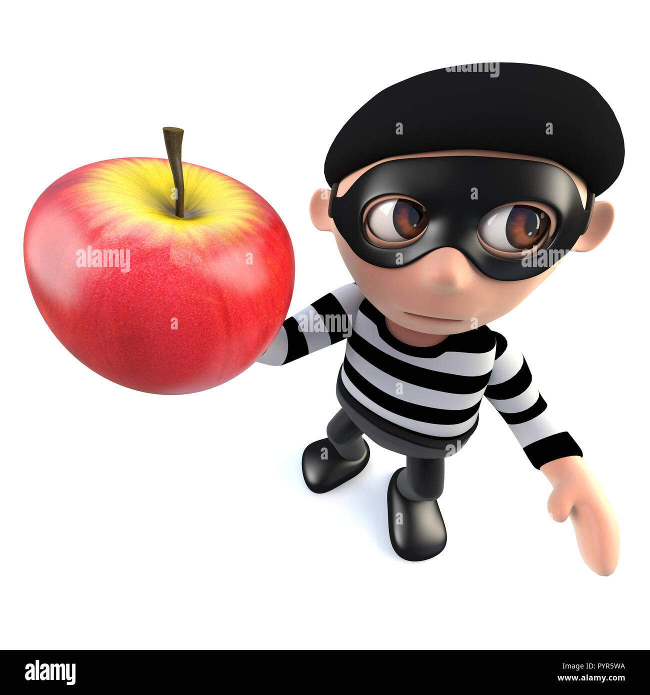 3d render of a funny cartoon burglar thief holding an apple Stock Photo