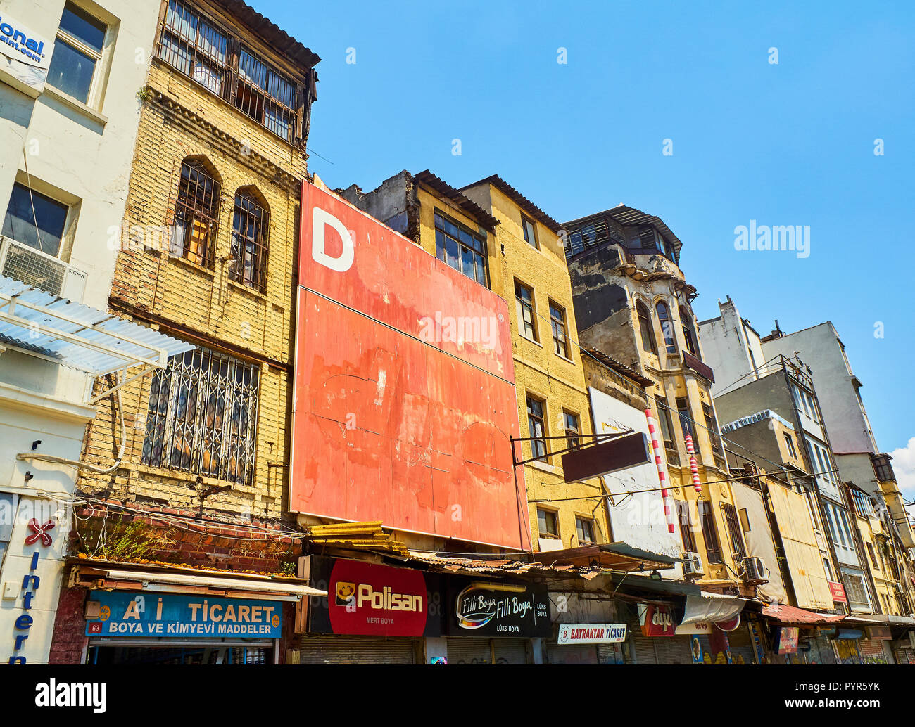 Typical buildings of the Fermeneciler street, Karakoy district. Istanbul, Turkey. Stock Photo