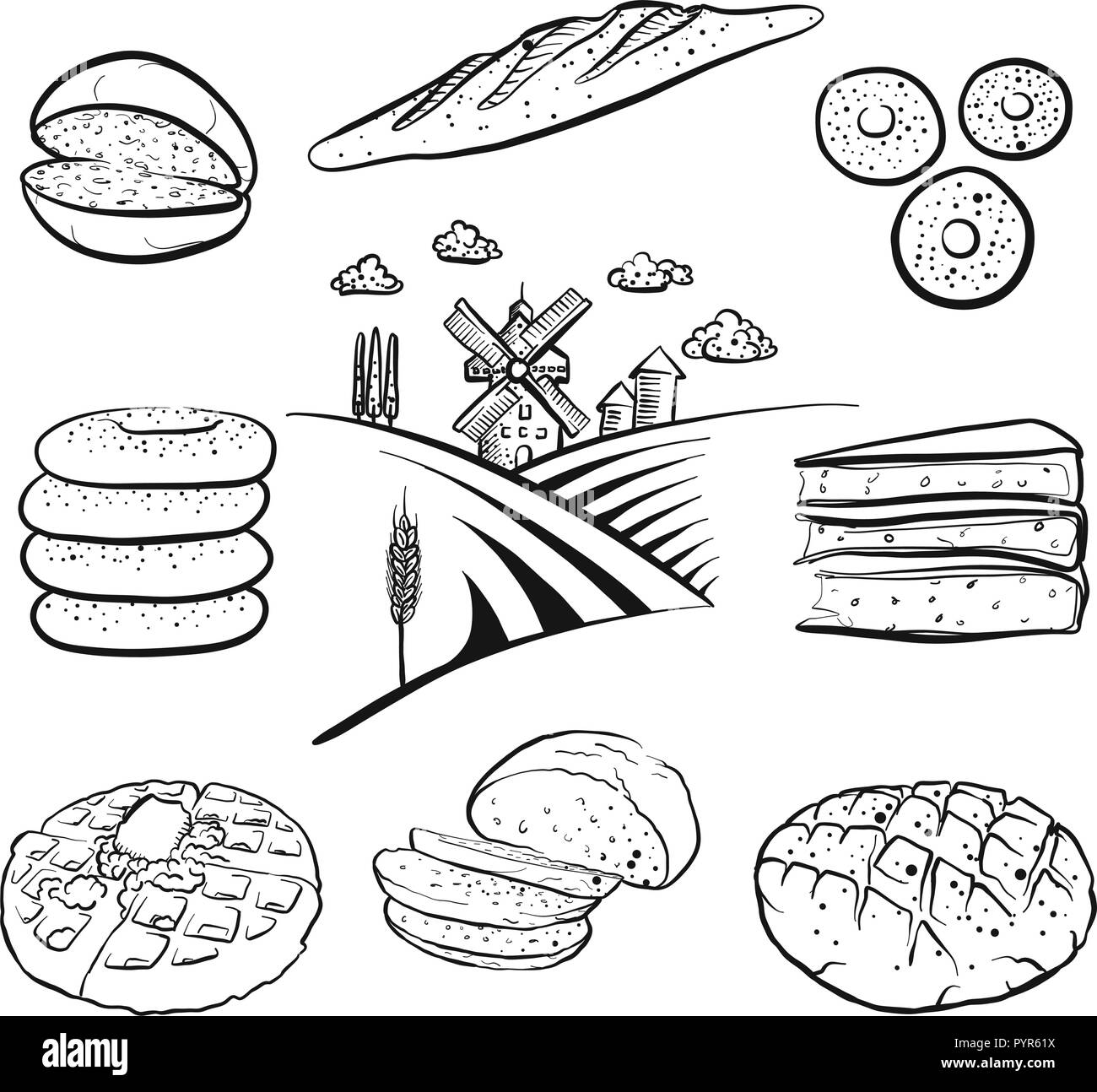 Set of hand drawn bakery products. Black outline vector drawings. Stock Vector