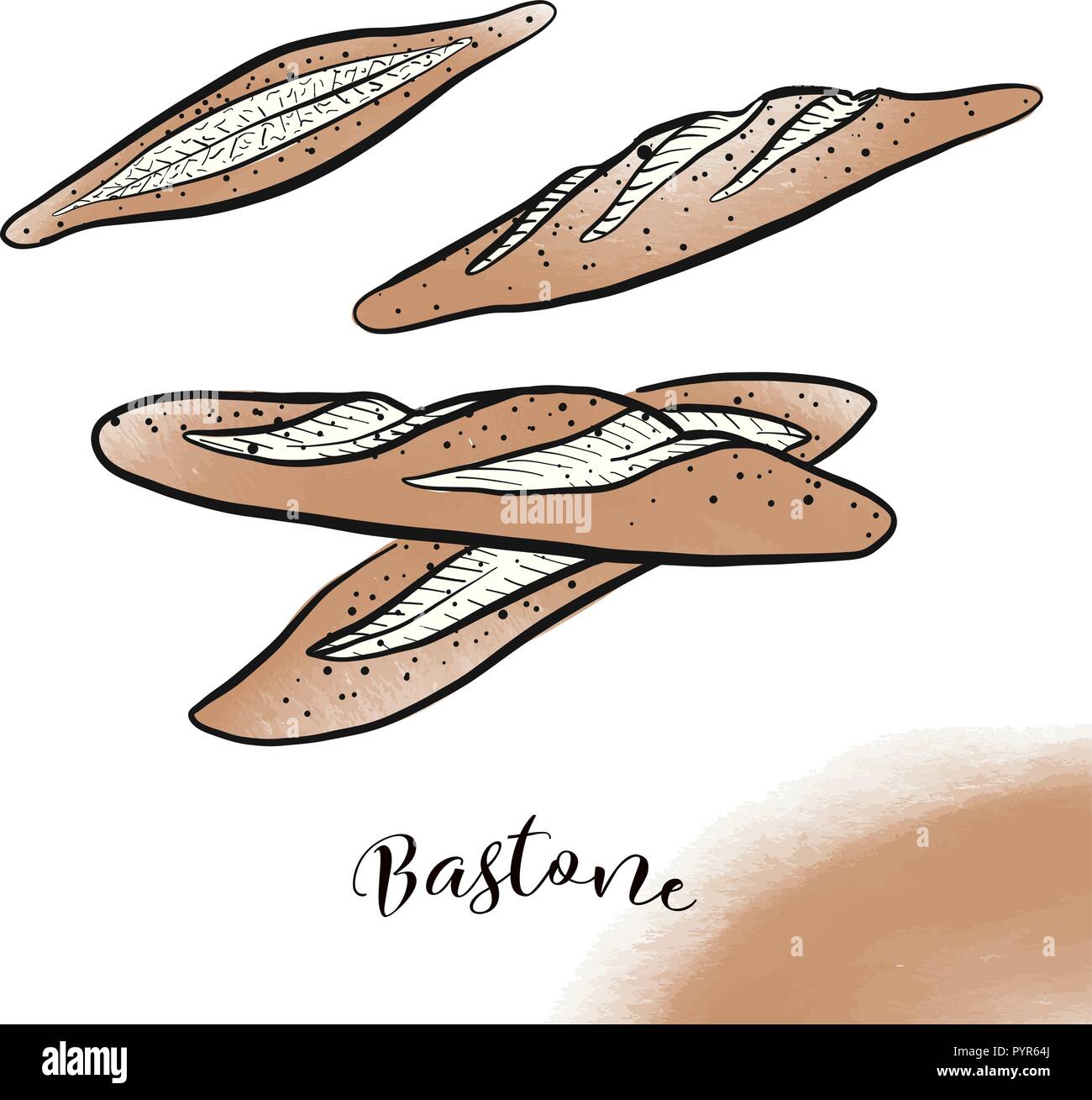 Set of hand drawn baguette sketches. Black vector outlines and colored fills. Stock Vector