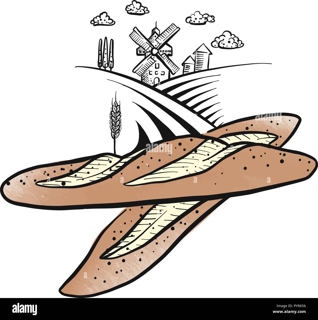 Hand drawn baguette sketch icon with bakery mill. Black vector outlines and colored fills. Stock Vector