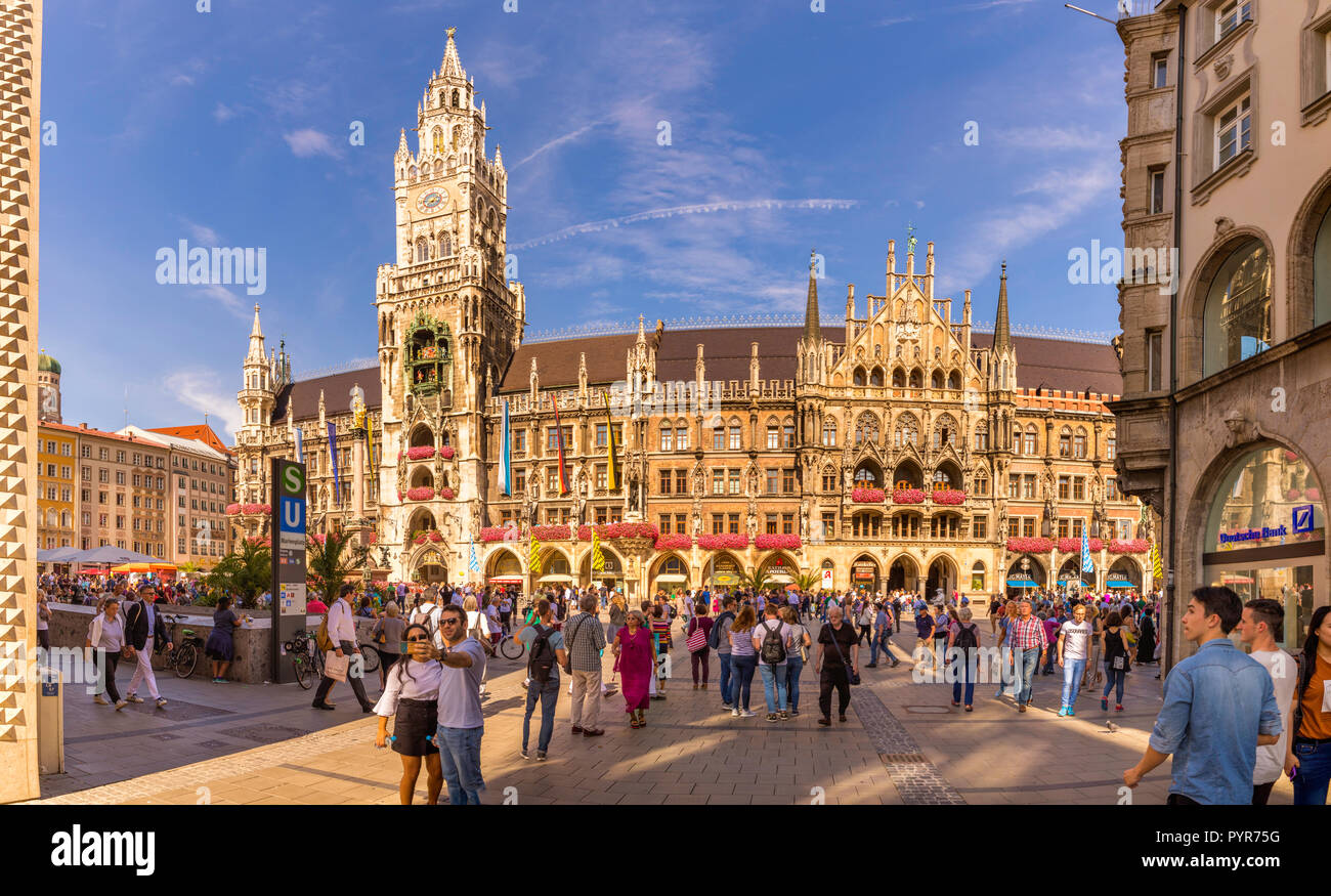 Munich, Germany - September 22. 2018 : People walking around Marienplatz which Rathaus-Glockenspiel located, in Munich, Germany Stock Photo