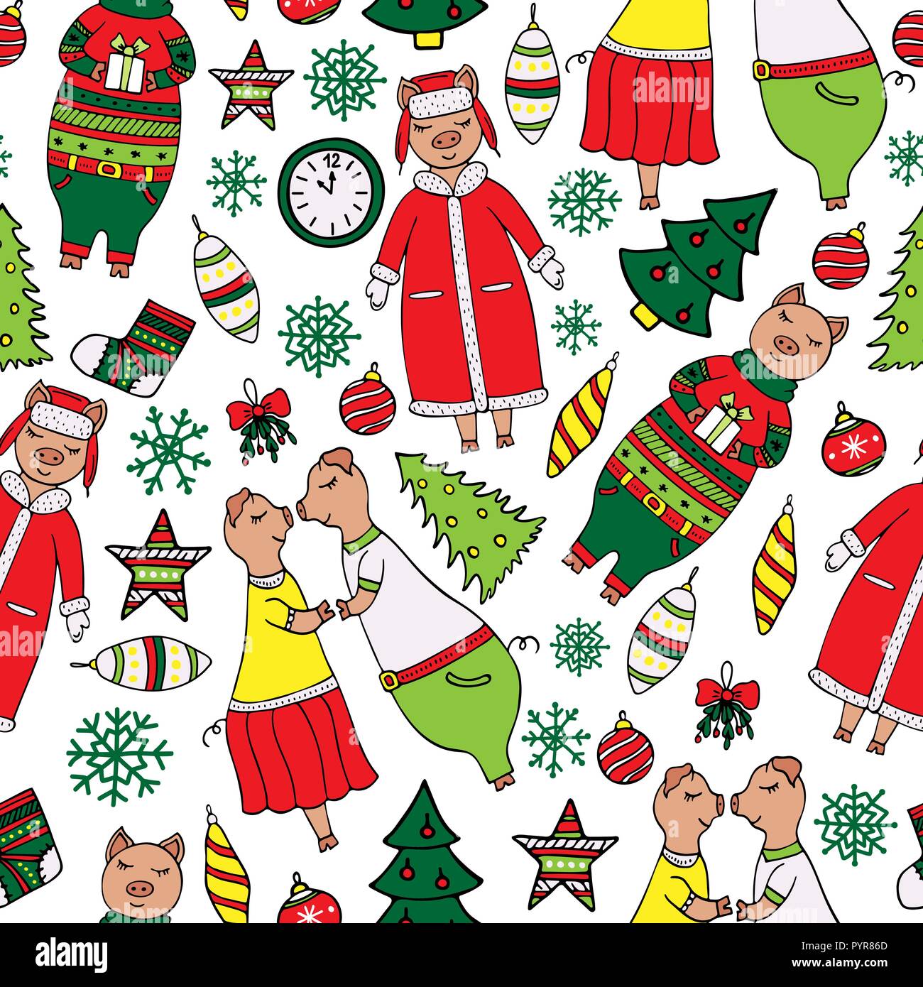 Cute New Year seamless pattern with pigs. Stock Vector