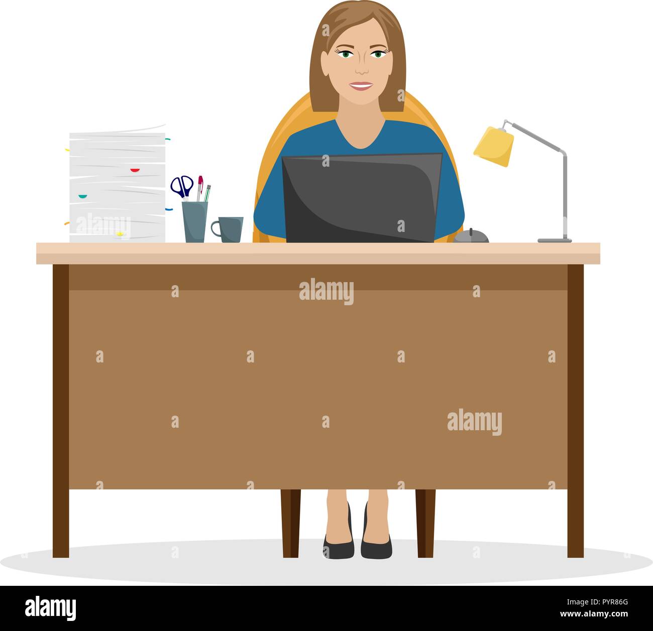 Woman Manager at the Desk with a pile of papers. Vector illustration. Stock Vector