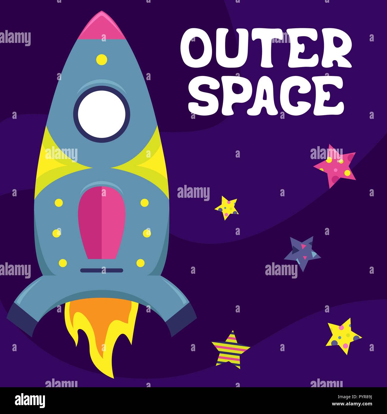 Cartoon vector flat illustration with a spaceship. Outer space. Stock Vector