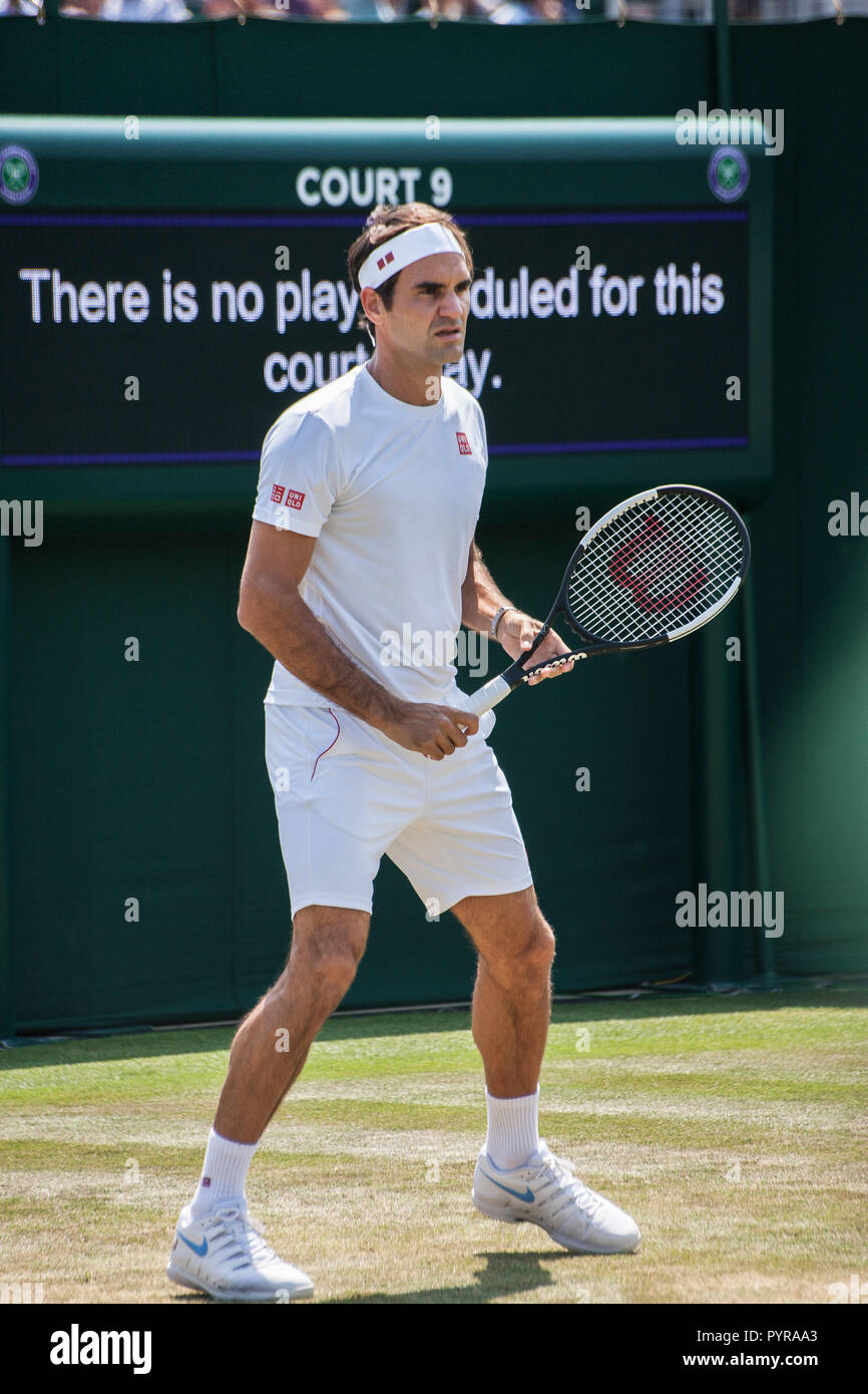 Roger Federer practicing on outside courts wimbledon tennis championship 2018 Stock Photo