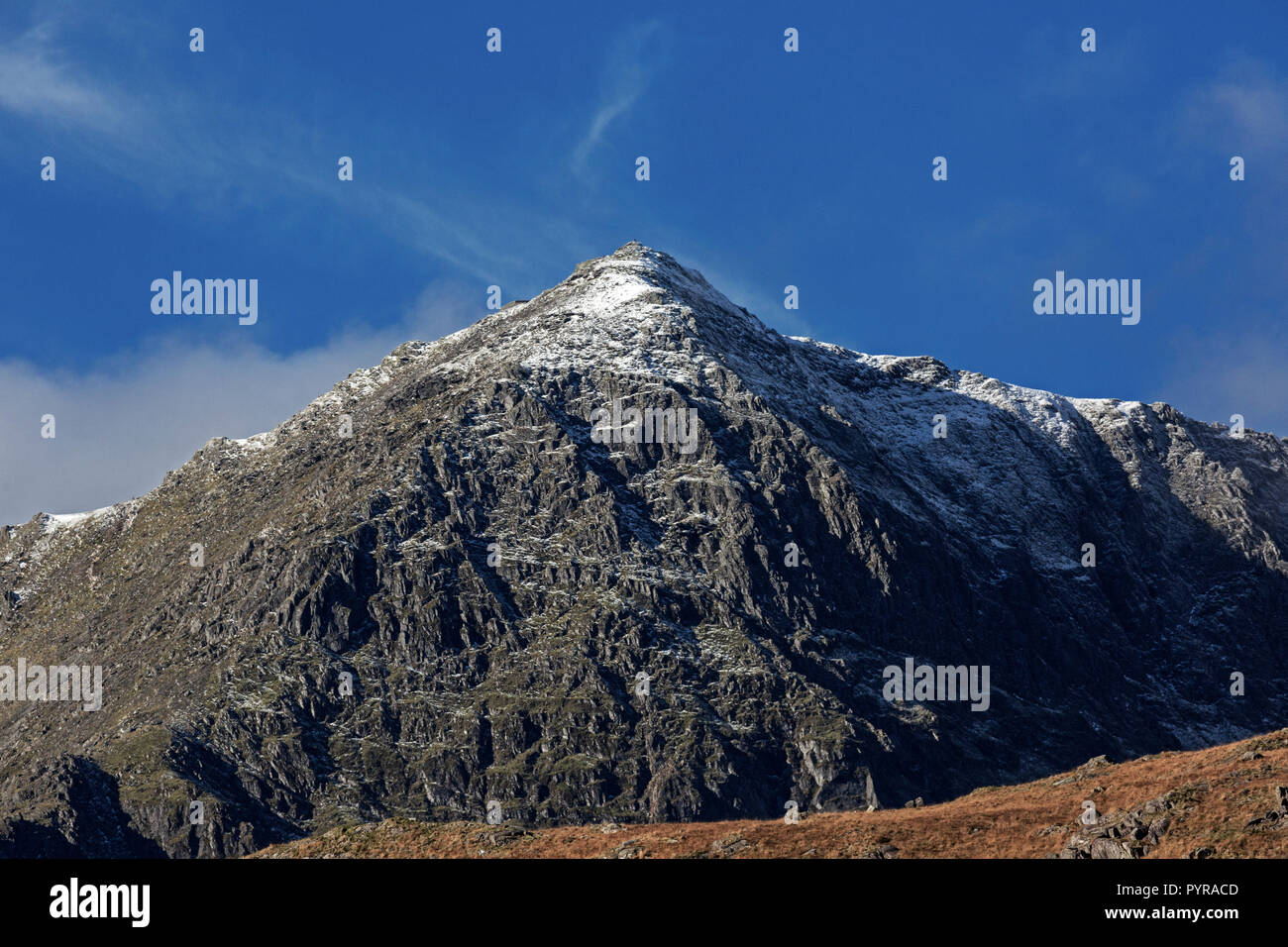 View of the South East face of Mount Snowdon, the highest mountain in the Snowdonia National Park in North Wales. Stock Photo