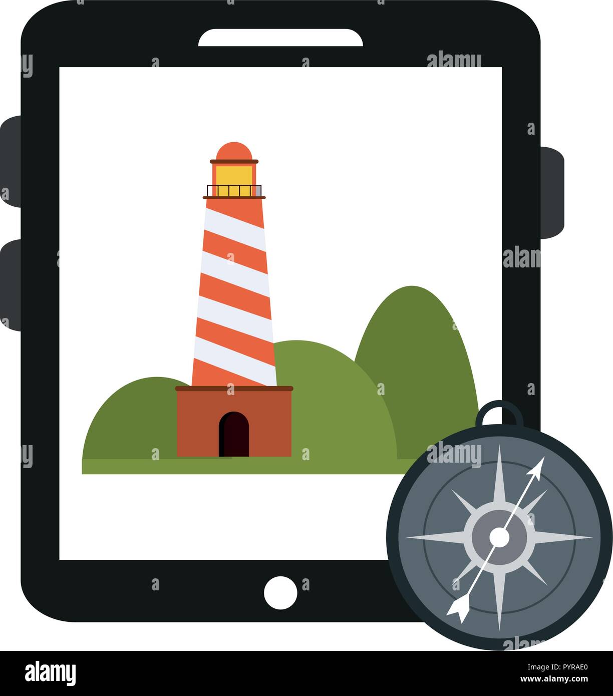 Travel and technology tablet with landscape and navigation compass ...