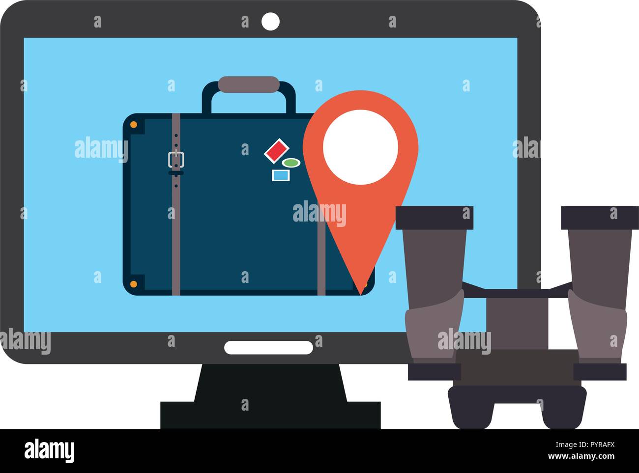 Travel and technology computer with luggage and binoculars vector ...
