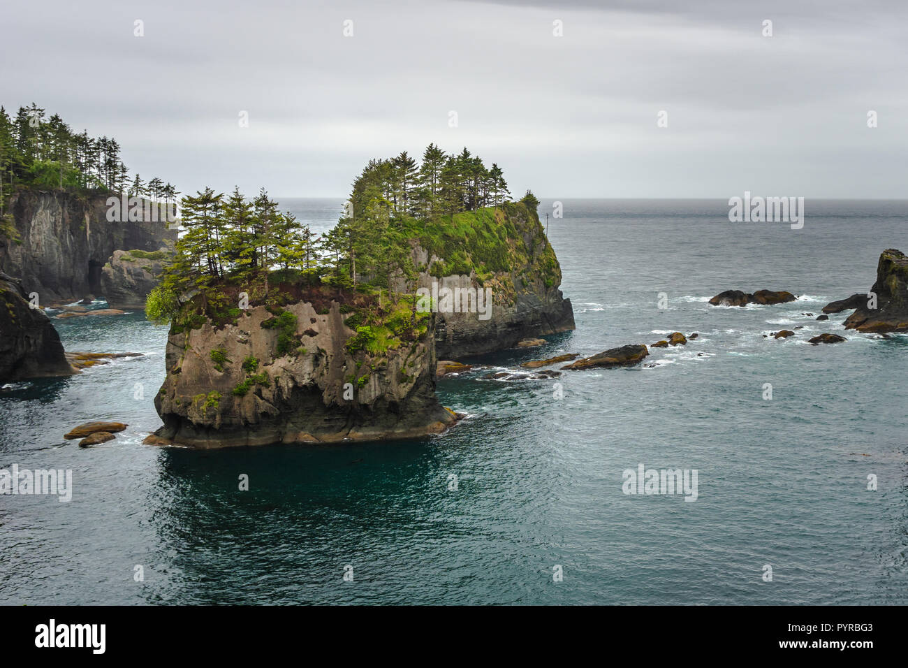 Cape Flattery sea stacks landscape, Olympic Peninsula, Strait of Juan de Fuca, Washington state, USA. Stock Photo