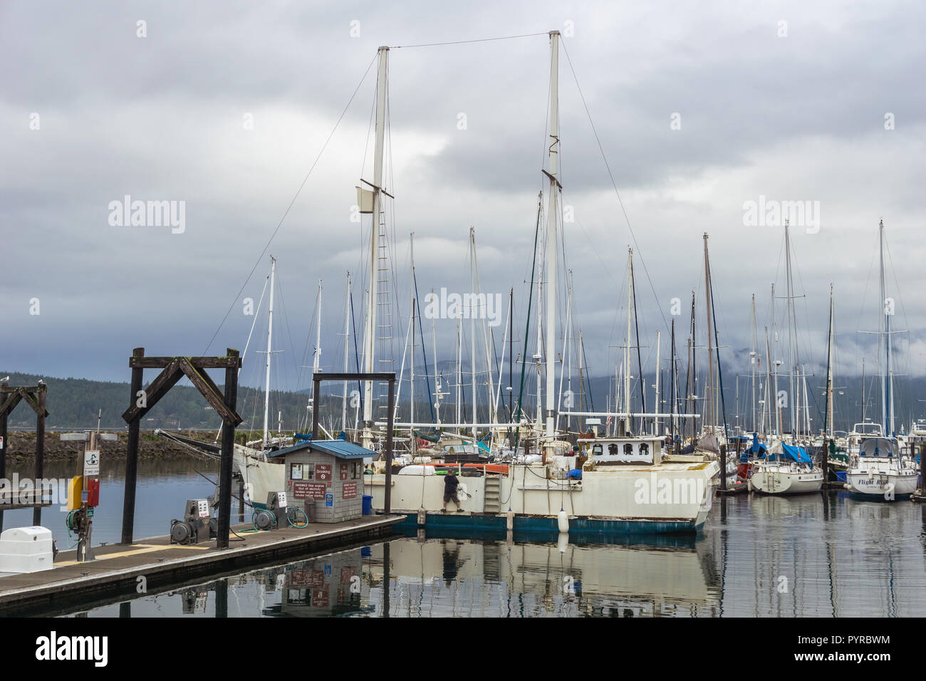 Trawler or fishing boat berthing in the Sequim marina or habour or port, Olympic Peninsula, Washington state, USA. Stock Photo