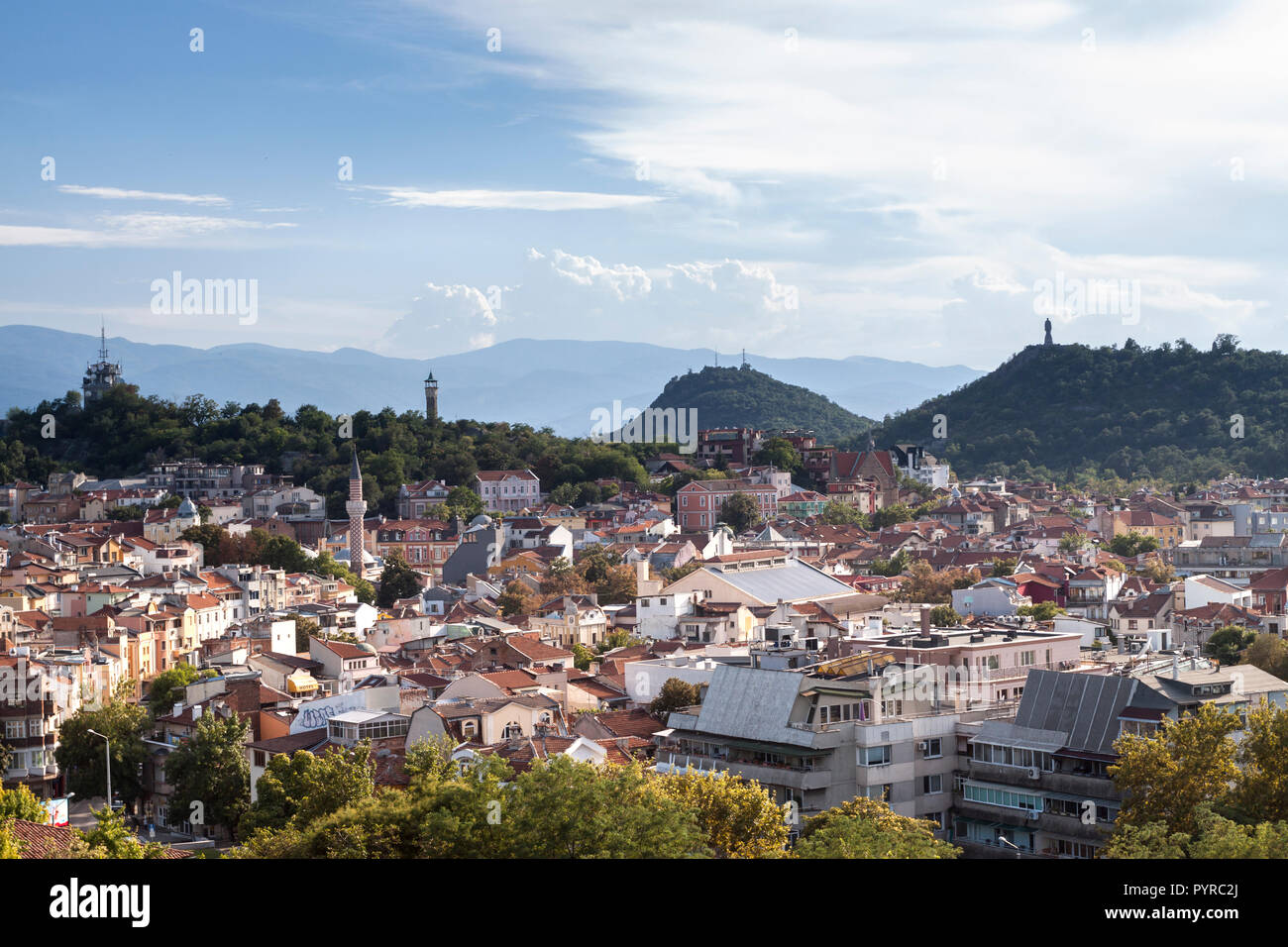 Aerial view of the city from Nebet Tepe site  on a summer day. Plovdiv, Bulgaria Stock Photo