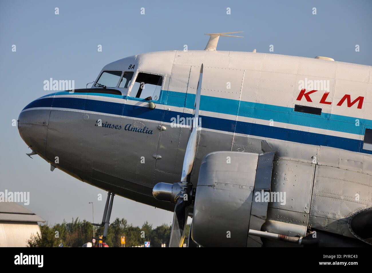KLM Douglas DC-3 C-47 Skytrain named Prinses Amalia, PH-PBA transport plane. Second World War D-Day veteran, having dropped paratroopers over France Stock Photo