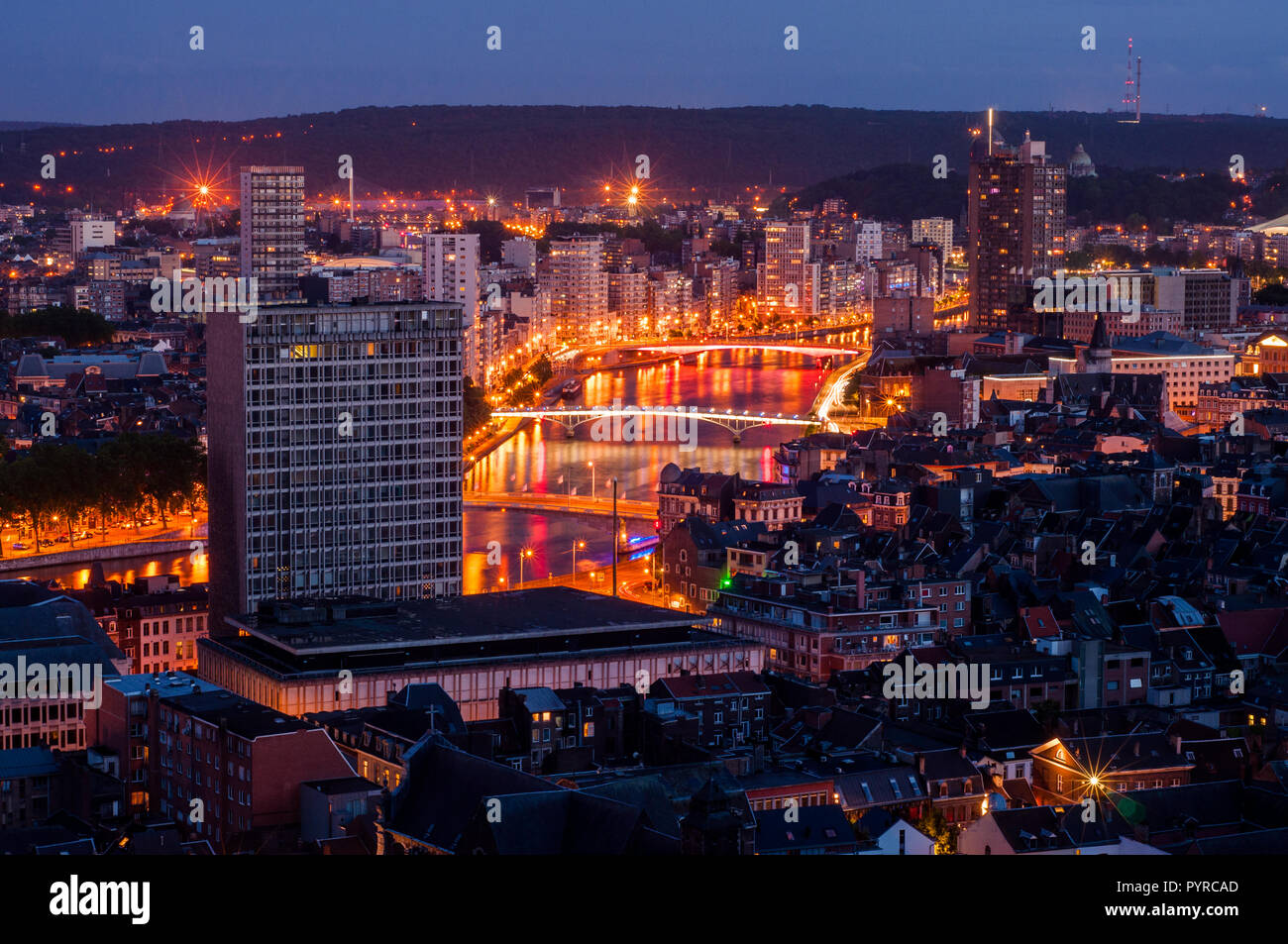 Night View Over The City Of Liege Belgium Stock Photo Alamy