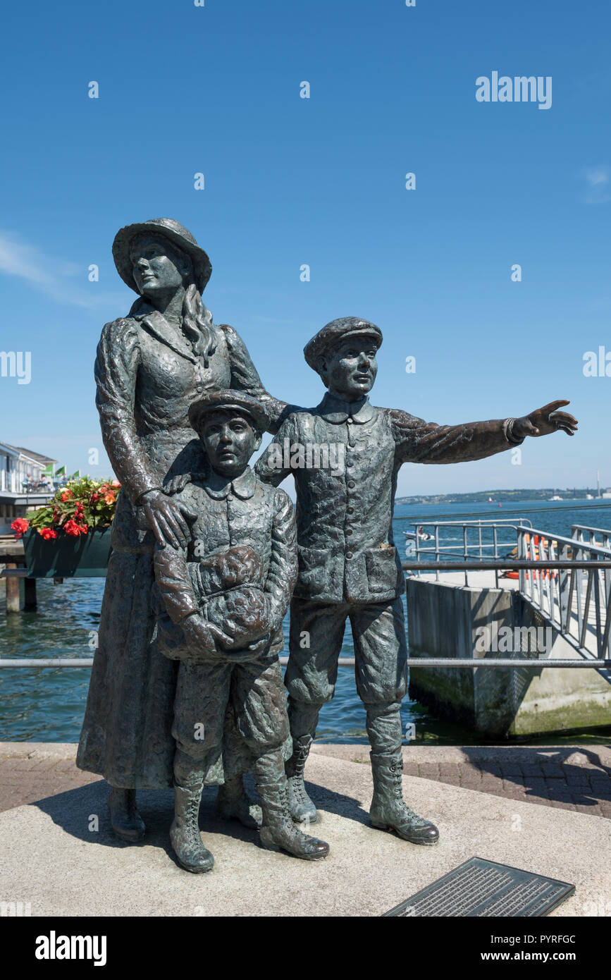 Statue of Annie Moore in Cobh, County Cork, Ireland, with her brothers, first Irish immigrant to