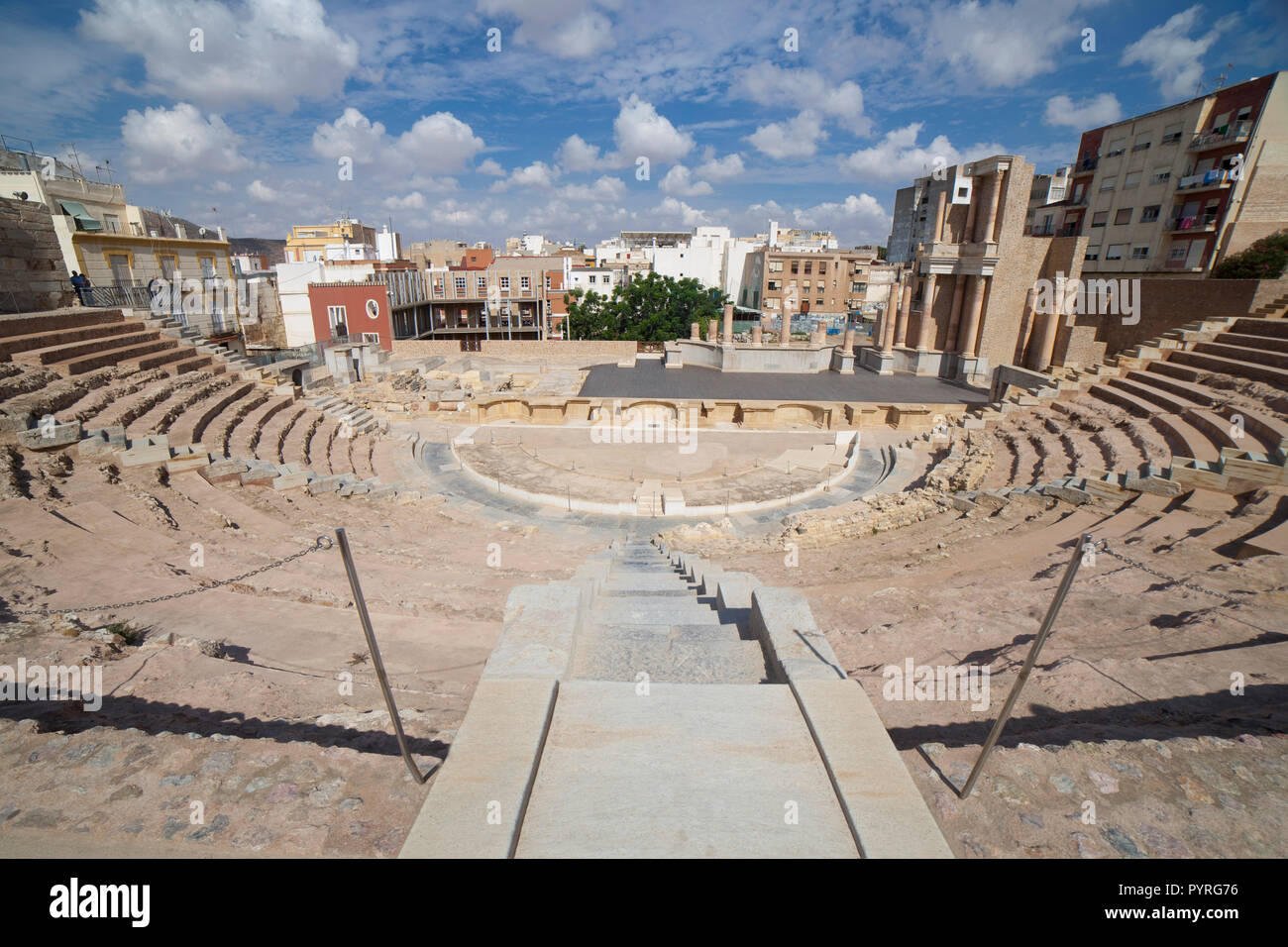 Overview of the stage and stands of Roman Theater of Cartagena city in Spain Stock Photo