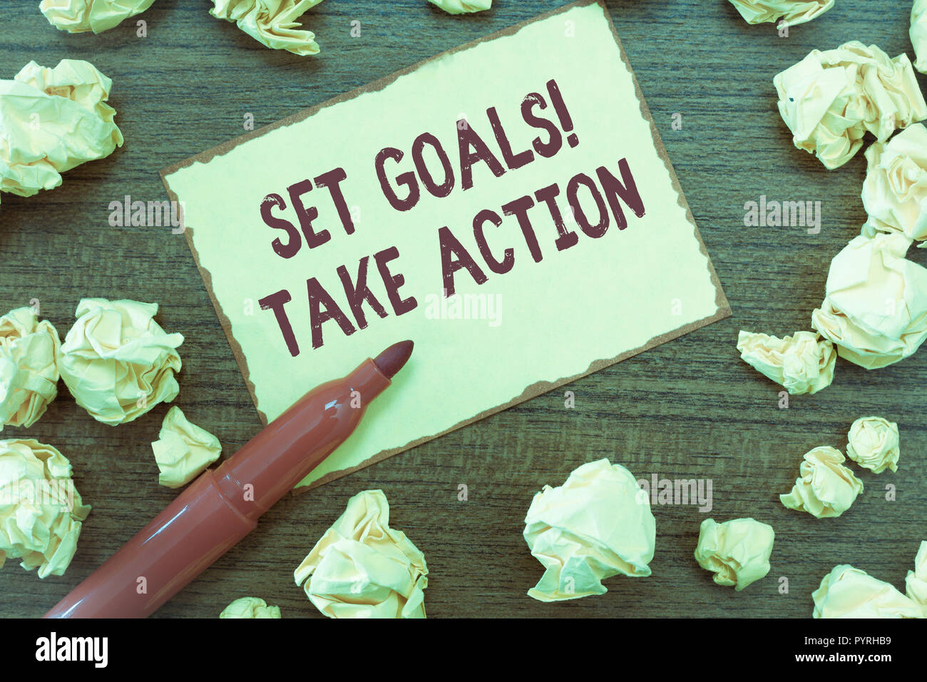 Handwriting text Set Goals Take Action. Concept meaning Act on a specific and clearly laid out plans. Stock Photo