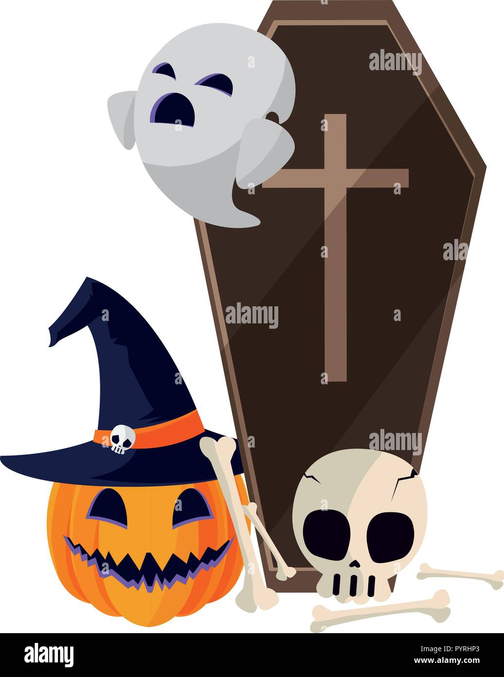 happy halloween coffin with ghosts and skull vector illustration design ...