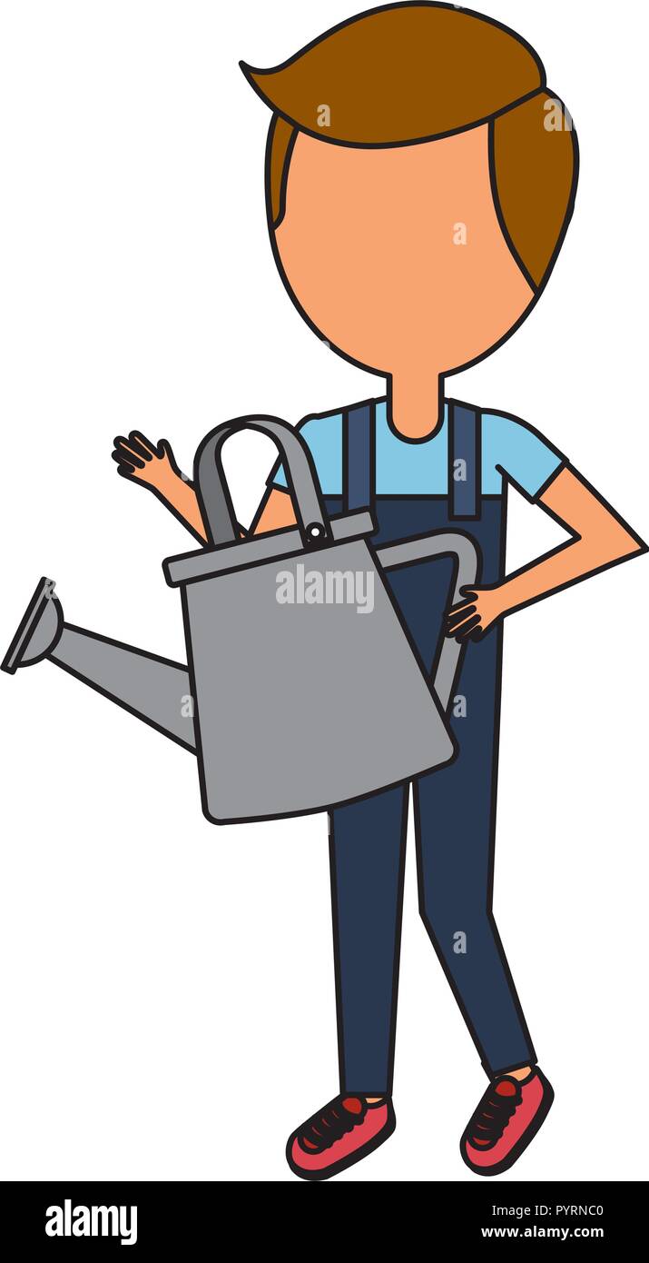 boy holding watering can gardening Stock Vector