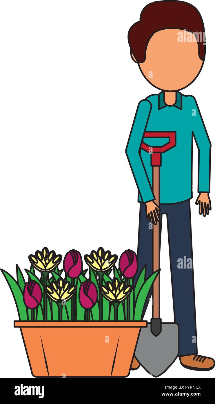 gardener man with shovel and flowers gardening Stock Vector Image & Art ...