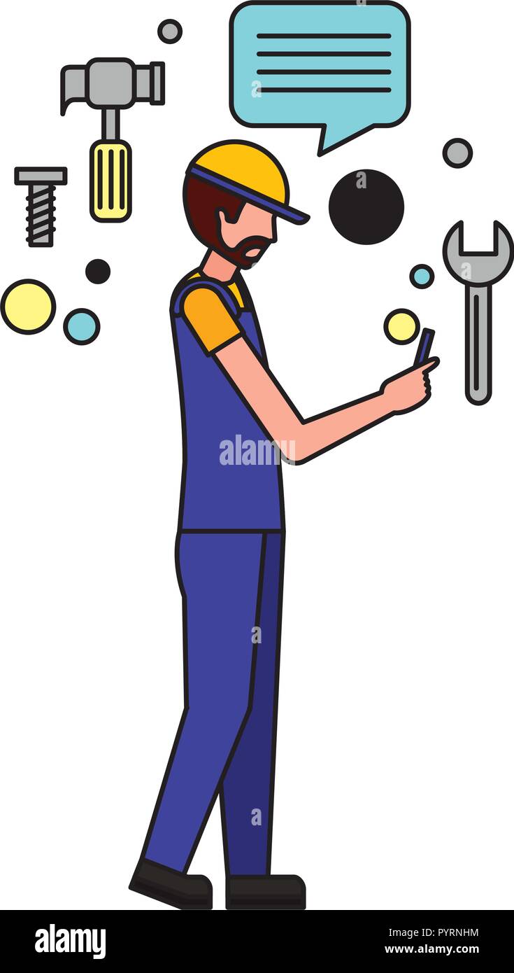 worker man using mobile media icons Stock Vector