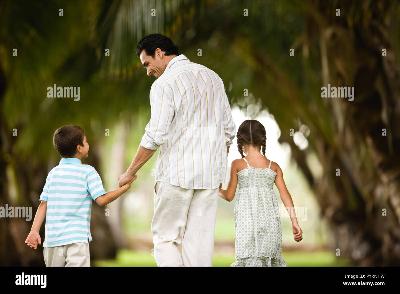 Rear view of father and children walking hand in hand Stock Photo - Alamy