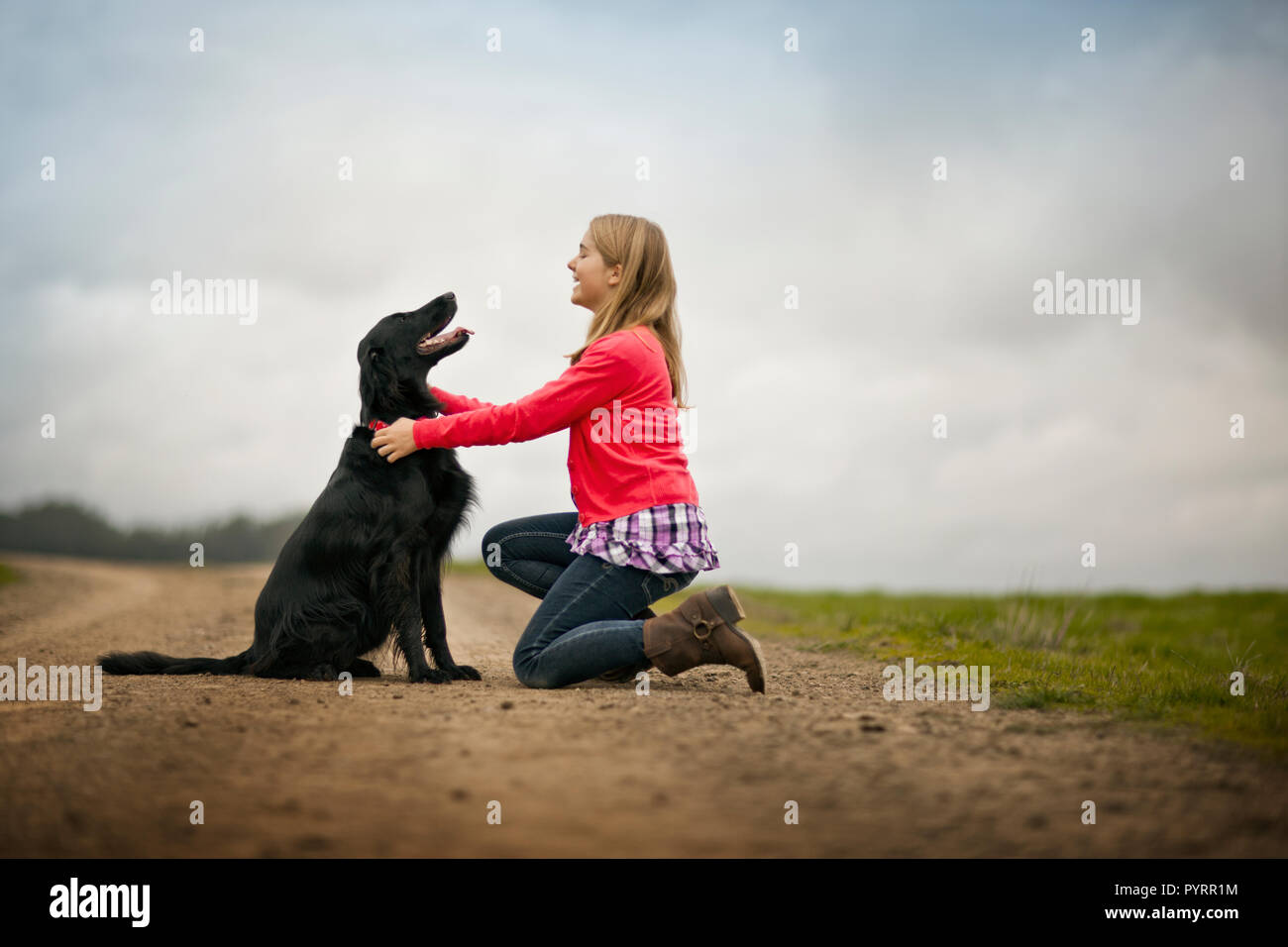 Smiling teenage girl playing with her dog Stock Photo - Alamy