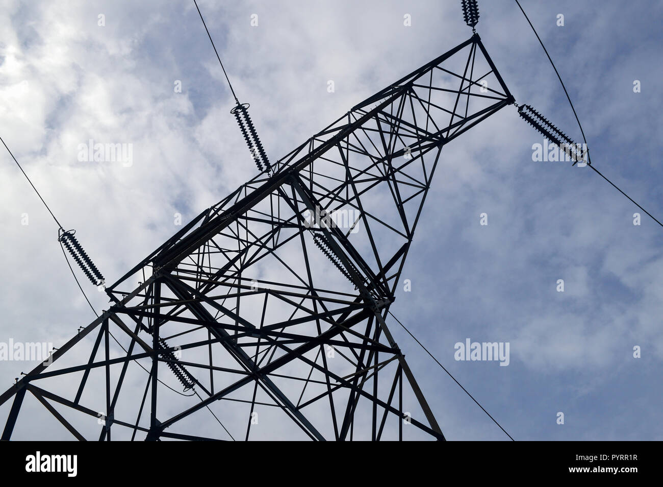 High Tension Power Line Upward Stock Photo Alamy