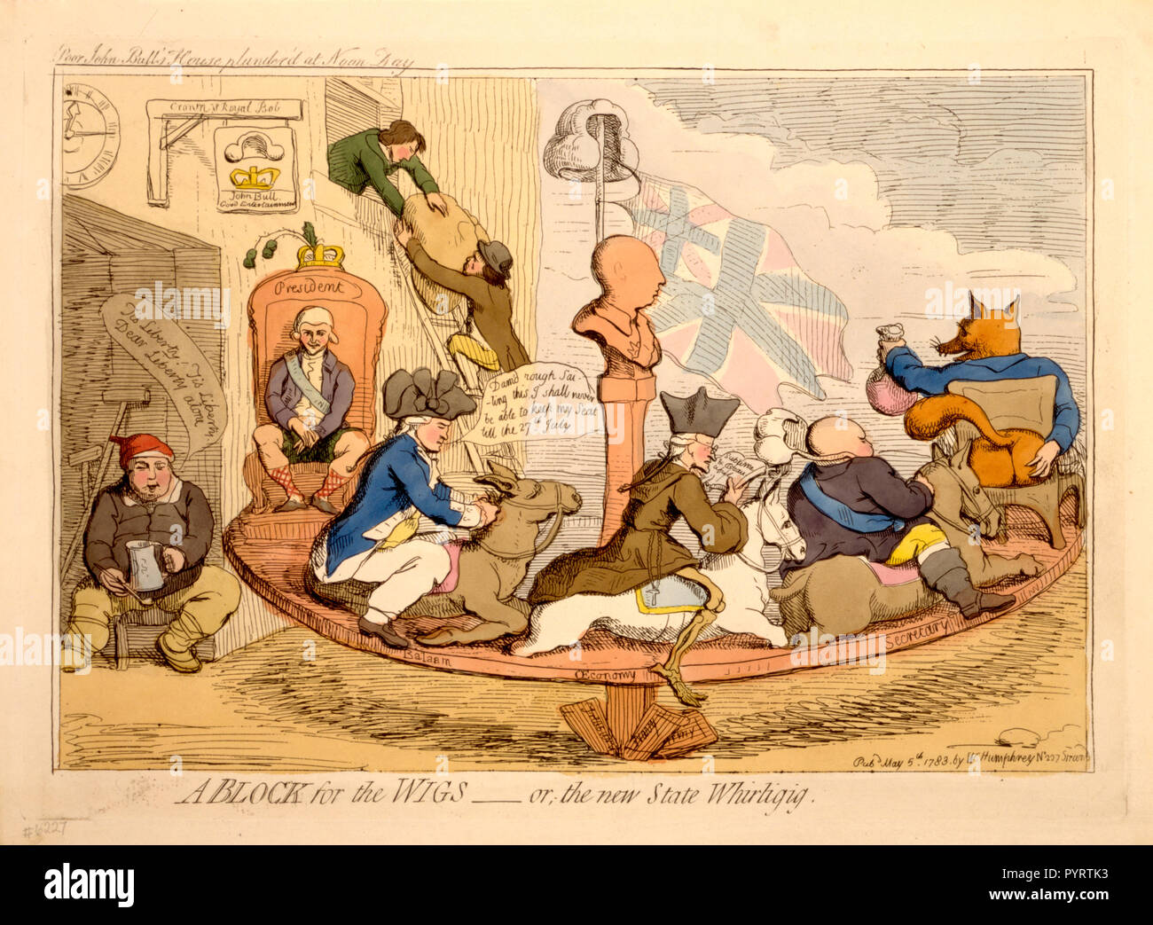 Cartoon shows a carousel on which sit government ministers Charles Fox, Lord North, Edmund Burke and Admiral Keppel. Beam in the center of the carousel platform is a pillar topped by a bust of King George III, a wig and Union Jack suspended over the bust. In the background two robbers lower a large bundle from the window of a building. An inscription above the cartoon reads 'Poor John Bull's house plunder'd at noon day.' Stock Photo