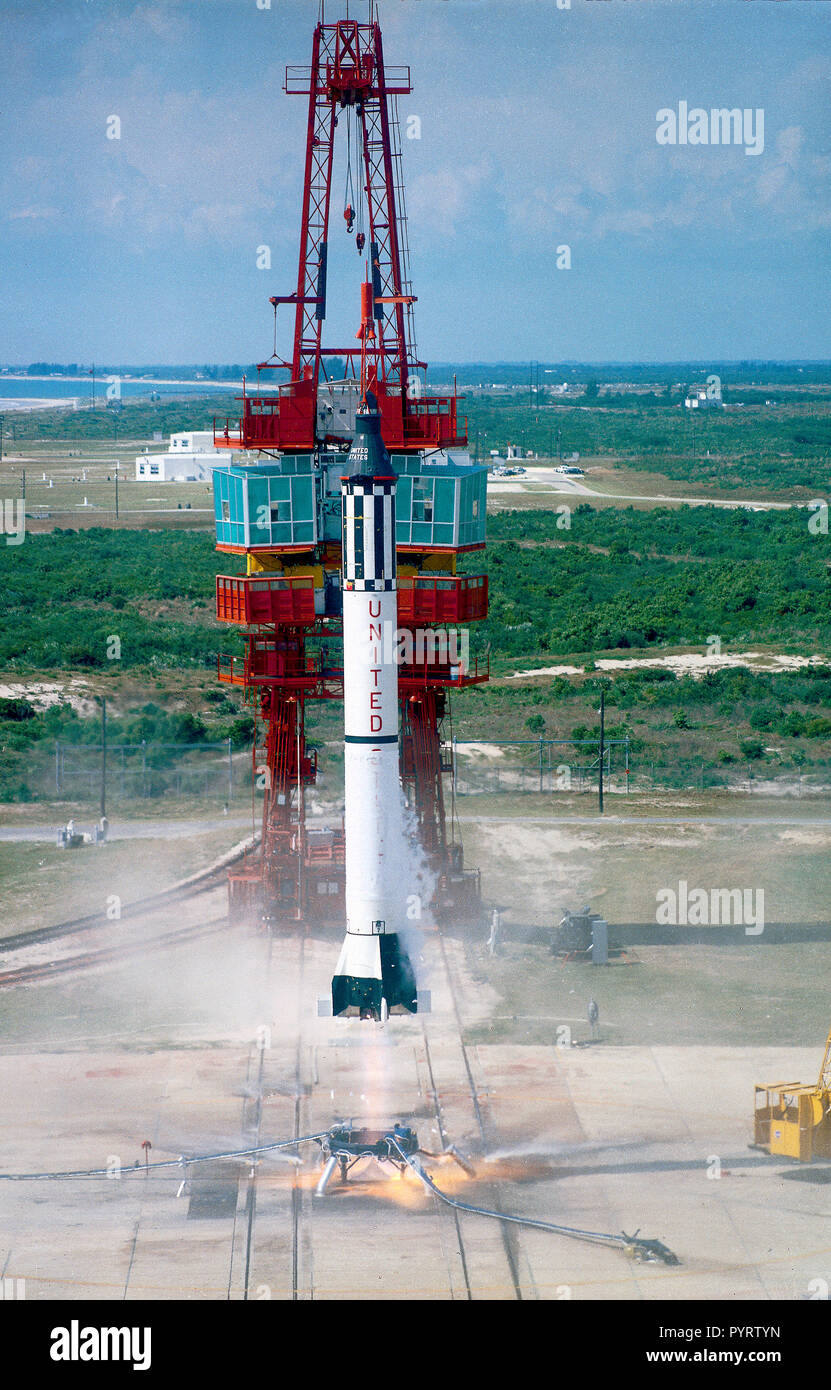 The launch of the Mercury-Redstone (MR-3), Freedom 7. MR-3 placed the first American astronaut, Alan Shepard, in suborbit on May 5, 1961. Stock Photo