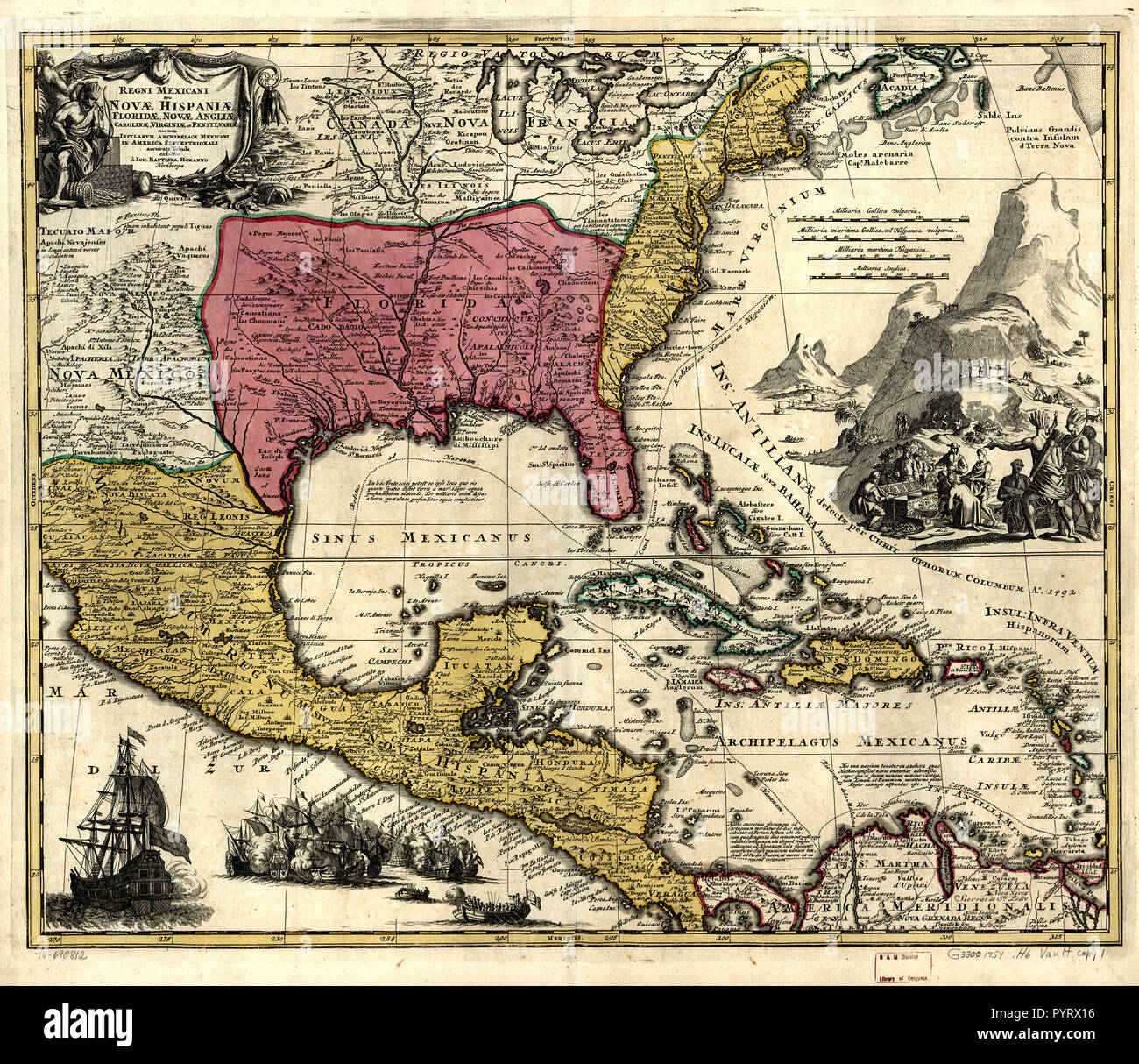 Vintage Maps / Antique Maps - Regni Mexicani seu Novæ Hispaniæ, Floridæ, Novæ Angliæ, Carolinæ, Virginiæ, et Pennsylvaniæ, nec non insvlarvm archipelagi Mexicani in America septentrionali Stock Photo