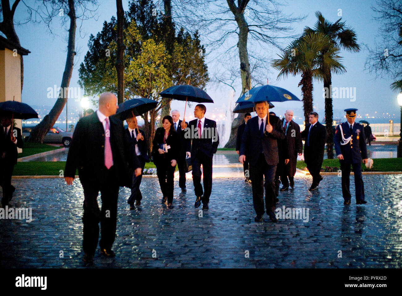 President Barack Obama and members of his staff arrive for a reception April 6, 2009, at the Dolmabahce Palace in Istanbul. Stock Photo