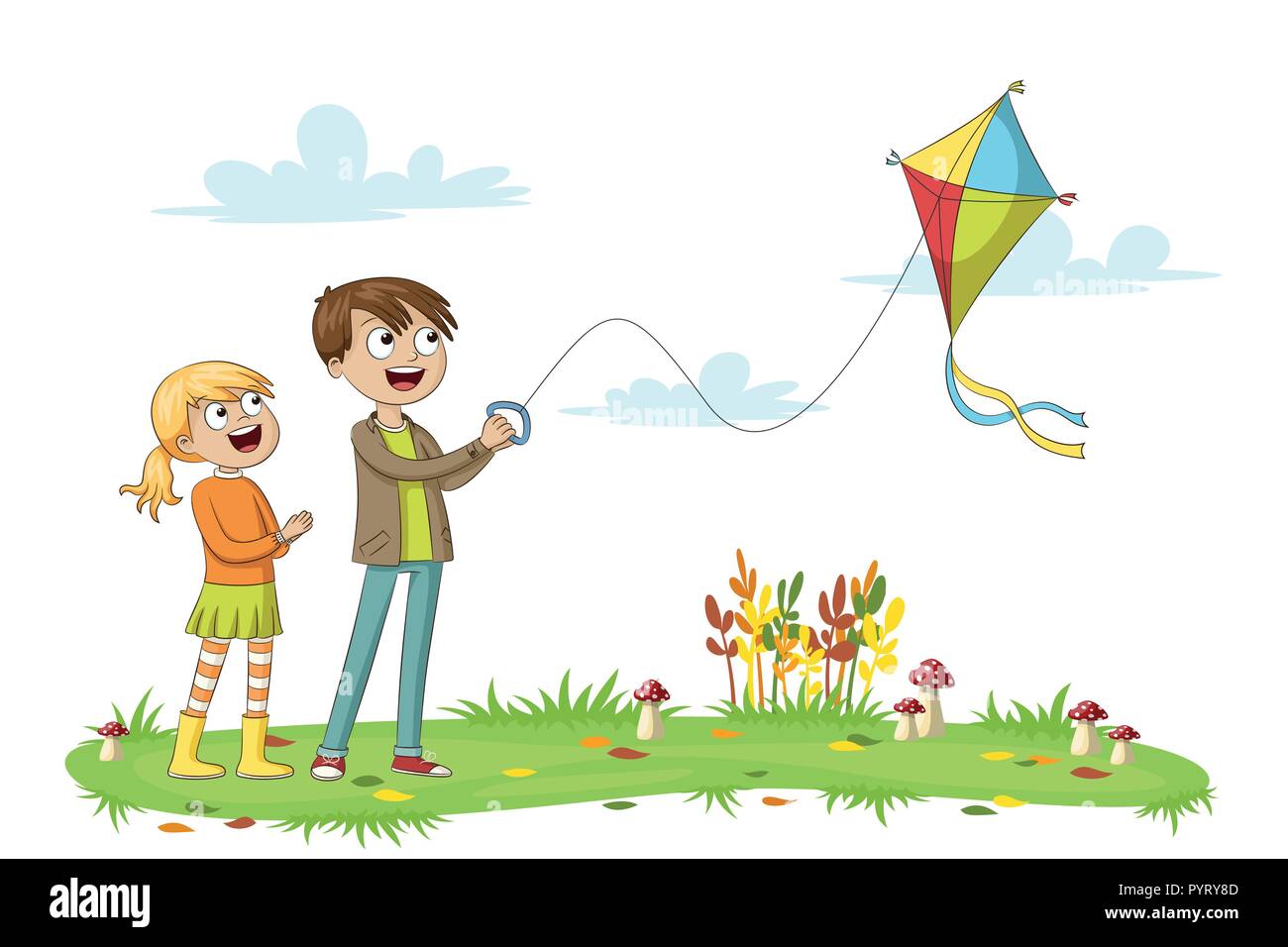 Two kids fly a kite, isolated on white background Stock Vector