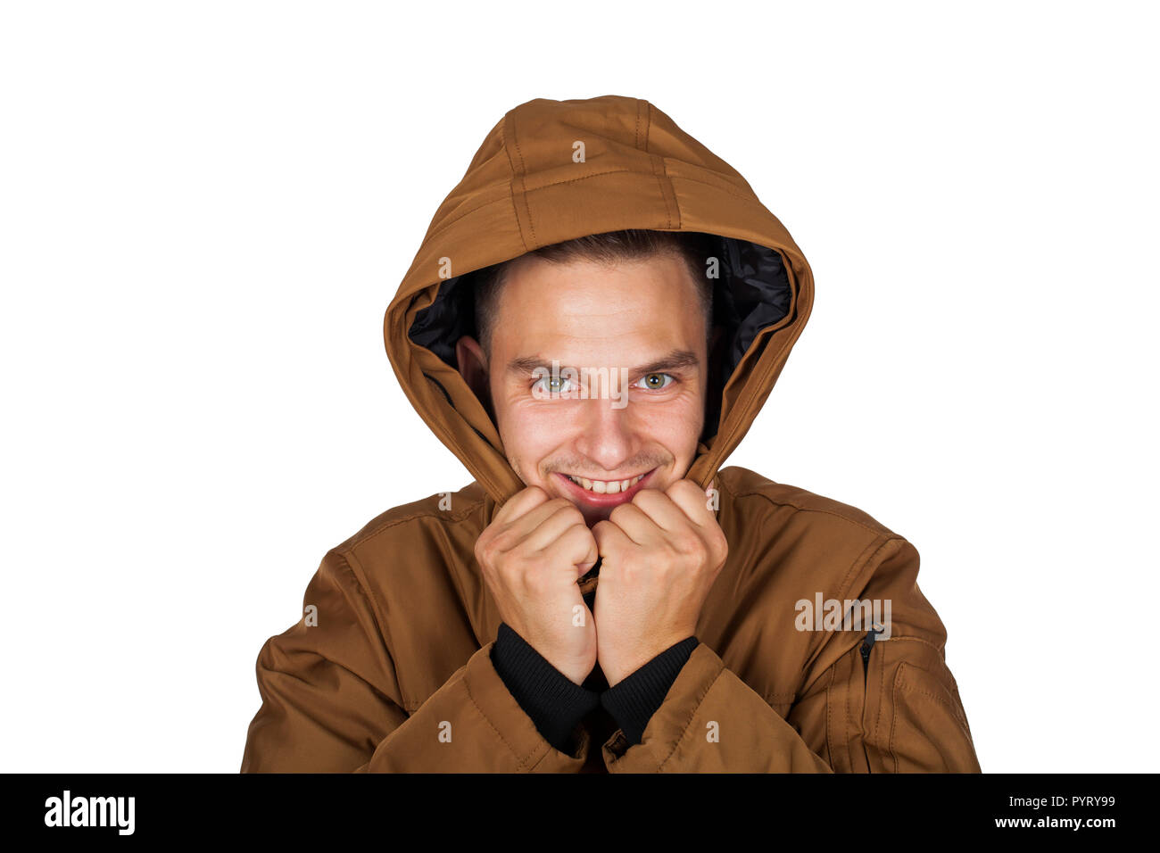 Handsome Young Man Wearing A Light Brown Winter Parka Jacket